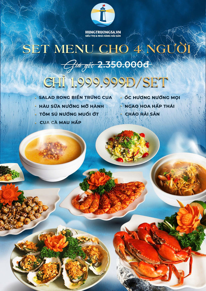 Menu hải sản tại Nhà hàng Hùng Trường Sa đã được đong đếm theo số lượng người